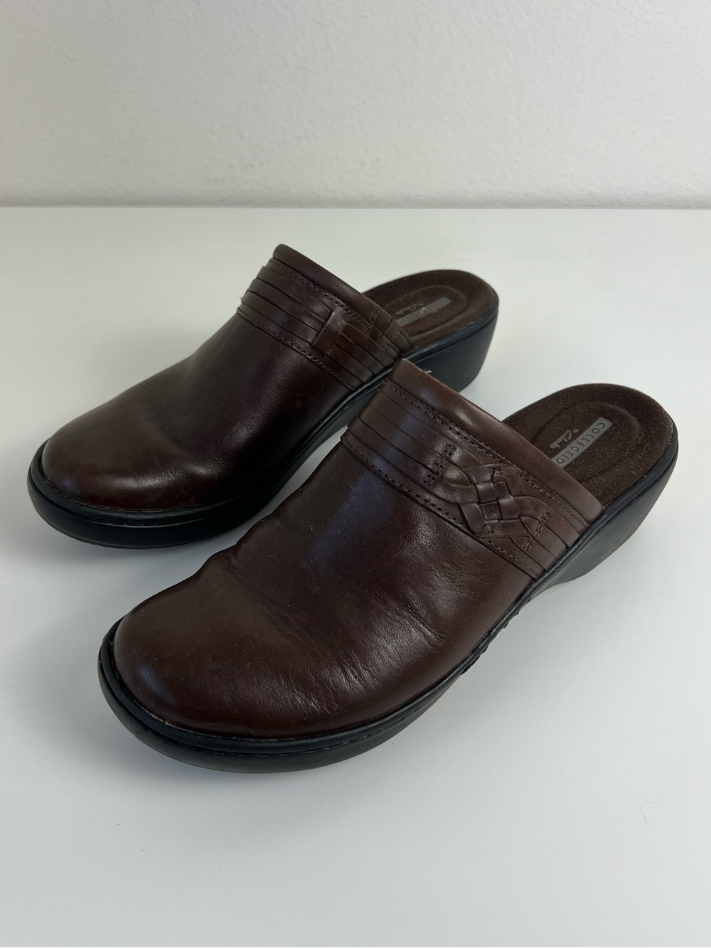 Clarks Collection Brown Leather Mule Clogs Slip On Comfort Shoes Cottagecore 8.5